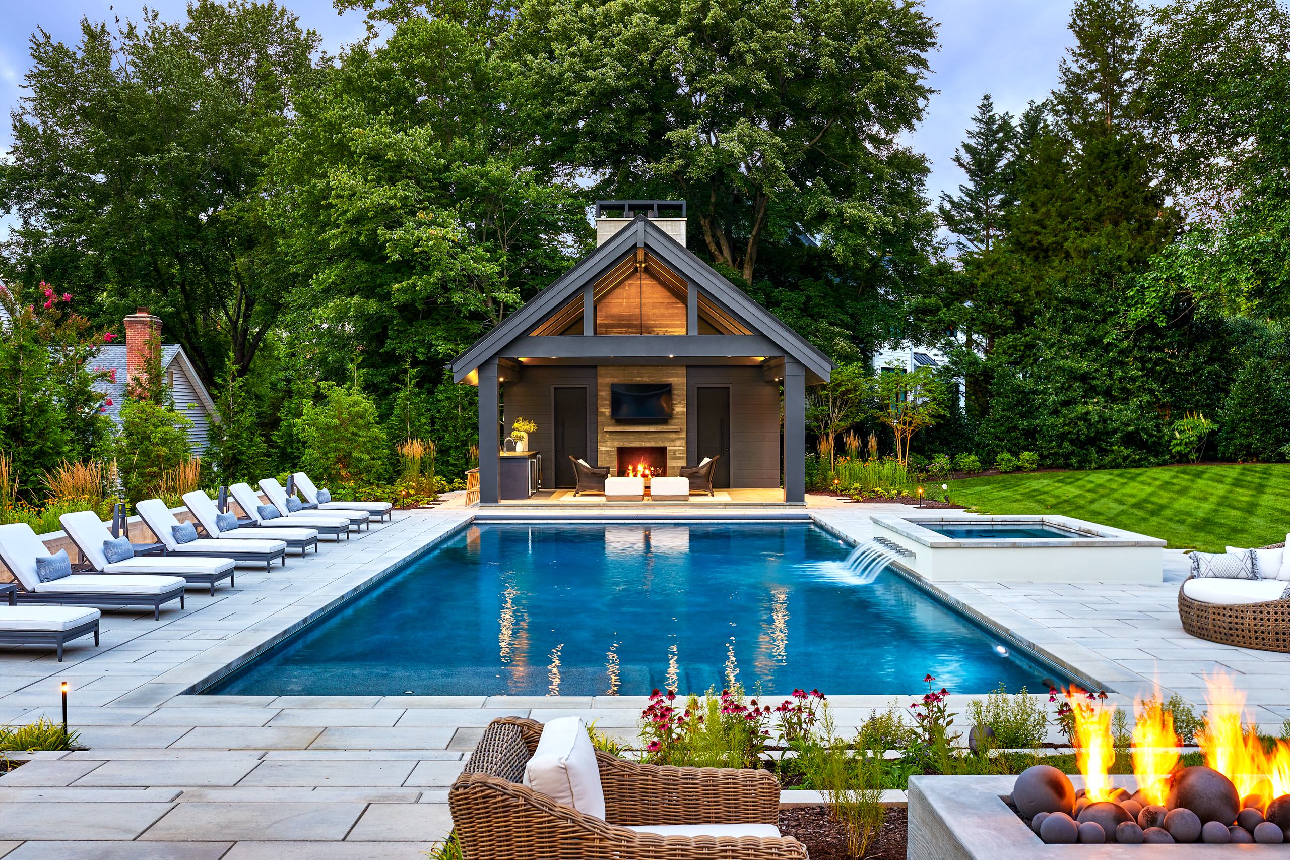 Complete backyard with pool, pavilion, planting and a finished terrace